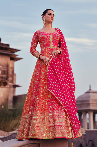 Charm Pink Designer Heavy Embroidered Net Wedding Anarkali Gown