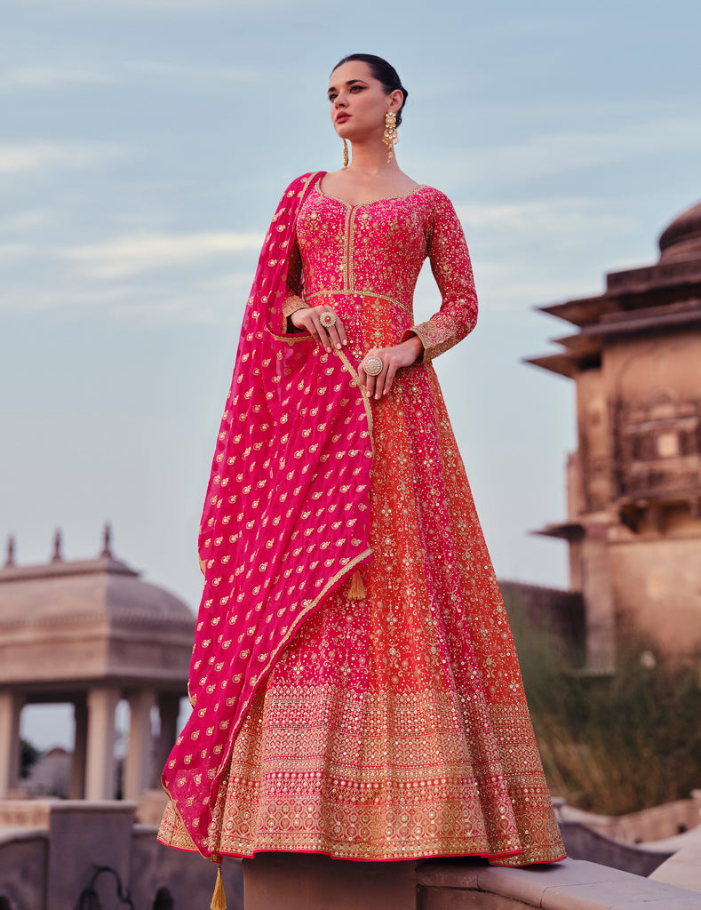 Orange & Pink Designer Heavy Embroidered Georgette Bridal Anarkali Gown-Saira's Boutique