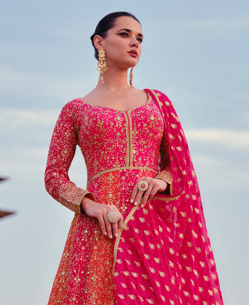 Orange & Pink Designer Heavy Embroidered Georgette Bridal Anarkali Gown-Saira's Boutique