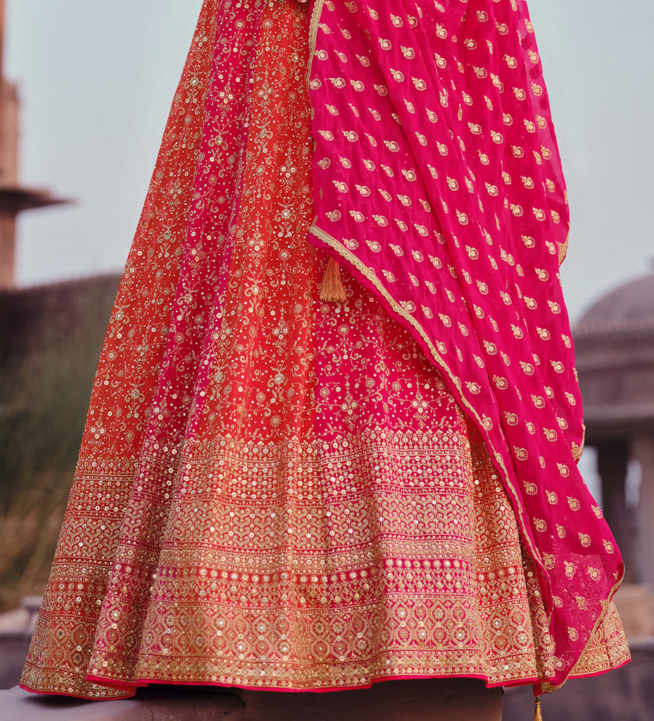 Orange & Pink Designer Heavy Embroidered Georgette Bridal Anarkali Gown-Saira's Boutique