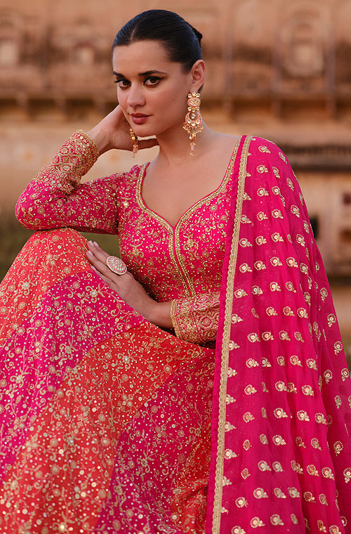 Orange & Pink Designer Heavy Embroidered Georgette Bridal Anarkali Gown-Saira's Boutique