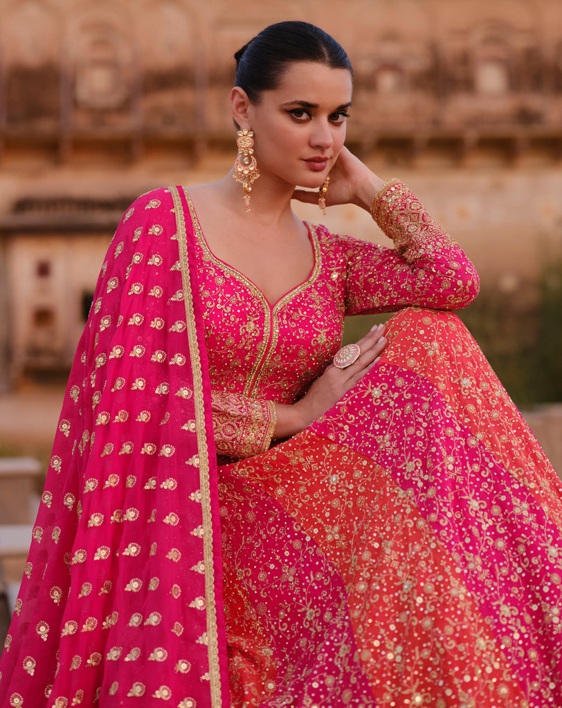 Orange & Pink Designer Heavy Embroidered Georgette Bridal Anarkali Gown-Saira's Boutique