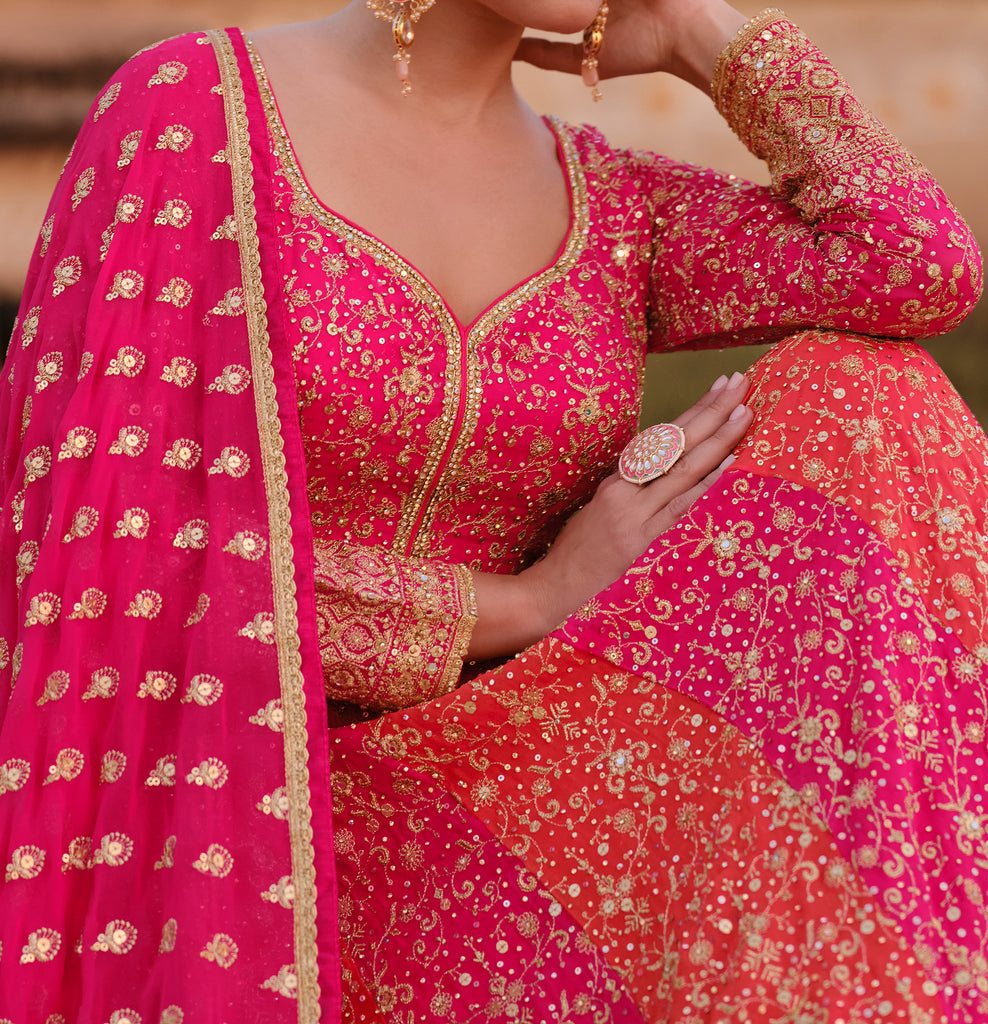 Orange & Pink Designer Heavy Embroidered Georgette Bridal Anarkali Gown-Saira's Boutique