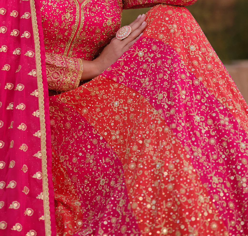 Orange & Pink Designer Heavy Embroidered Georgette Bridal Anarkali Gown-Saira's Boutique