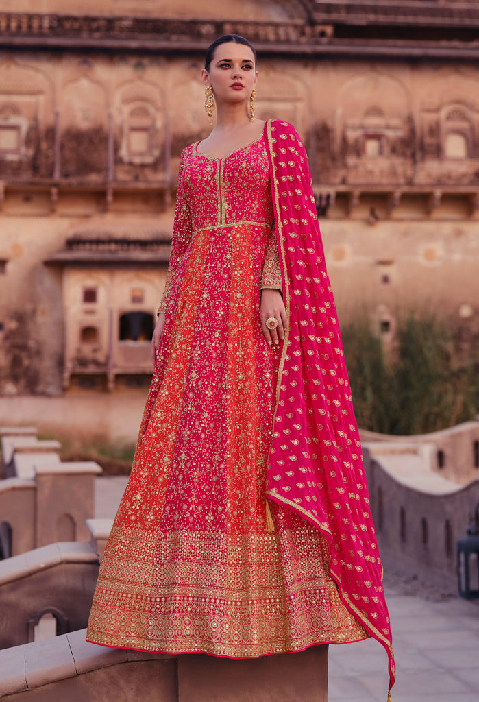 Orange & Pink Designer Heavy Embroidered Georgette Bridal Anarkali Gown-Saira's Boutique