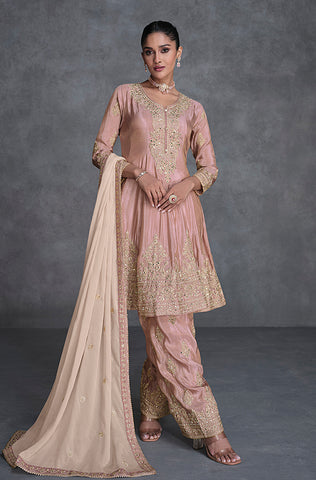 Pink & Orange Designer Embroidered Silk Wedding Sharara Suit