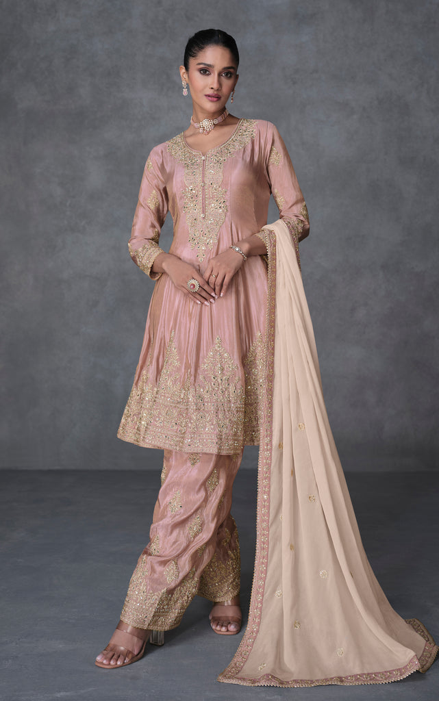 Oyster Pink Designer Embroidered Organza Silk Anarkali Salwar Suit-Saira's Boutique