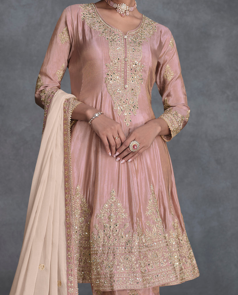 Oyster Pink Designer Embroidered Organza Silk Anarkali Salwar Suit-Saira's Boutique