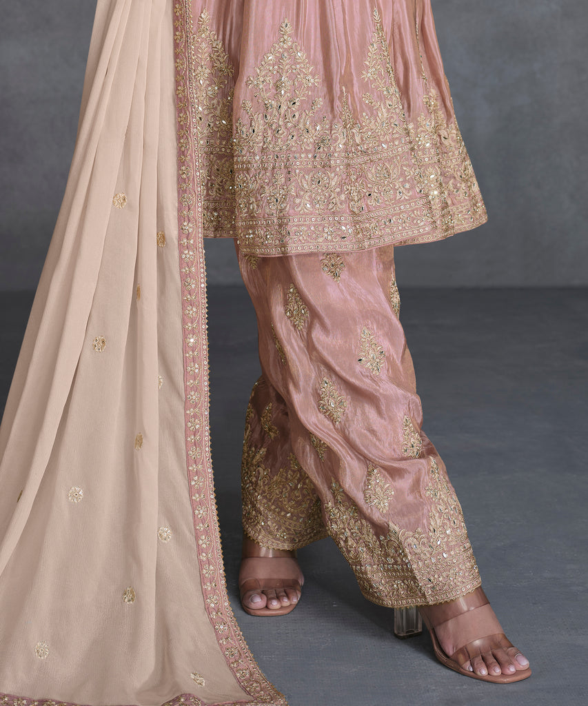 Oyster Pink Designer Embroidered Organza Silk Anarkali Salwar Suit-Saira's Boutique