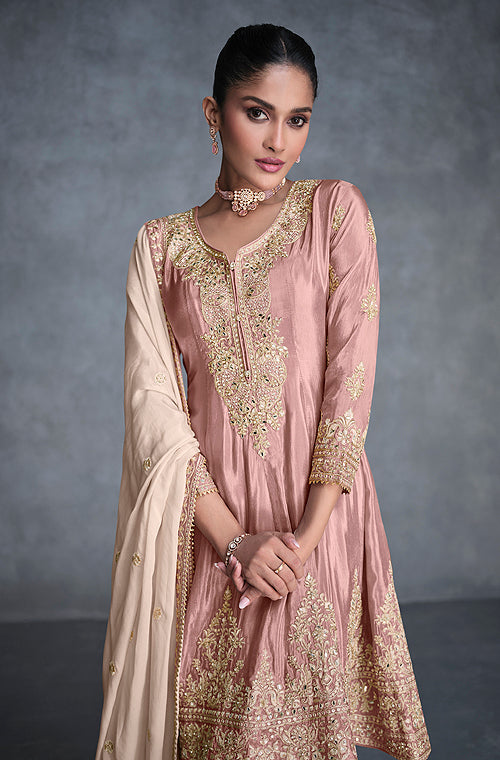 Oyster Pink Designer Embroidered Organza Silk Anarkali Salwar Suit-Saira's Boutique