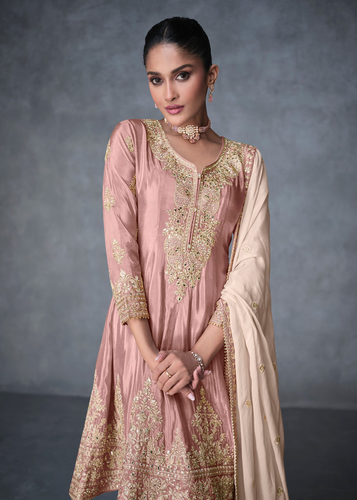 Oyster Pink Designer Embroidered Organza Silk Anarkali Salwar Suit-Saira's Boutique