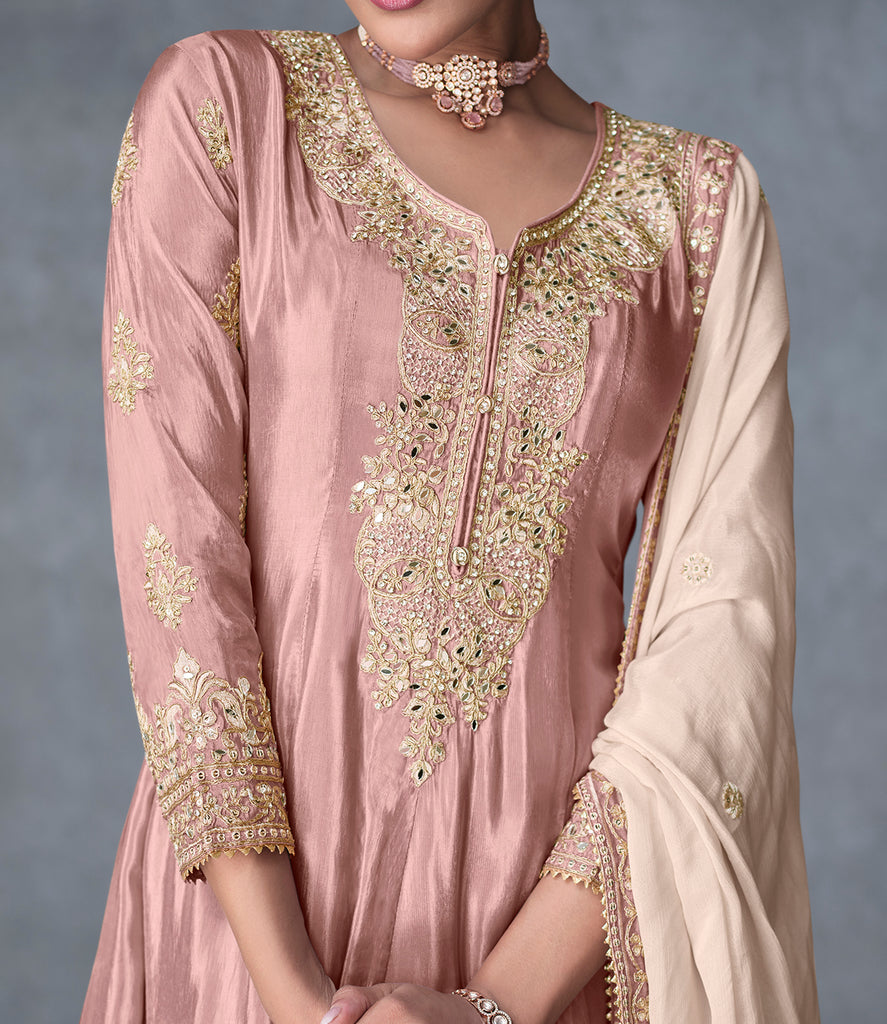 Oyster Pink Designer Embroidered Organza Silk Anarkali Salwar Suit-Saira's Boutique