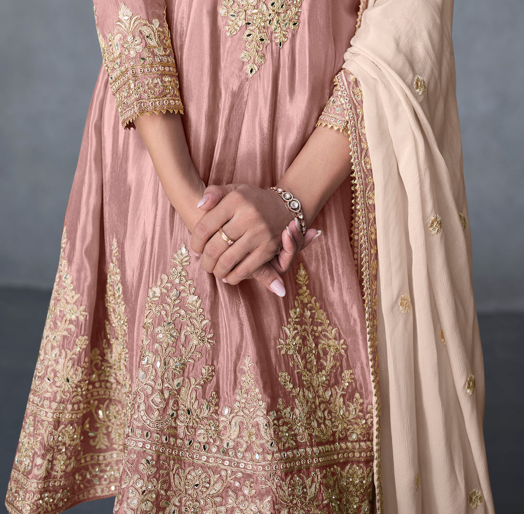 Oyster Pink Designer Embroidered Organza Silk Anarkali Salwar Suit-Saira's Boutique