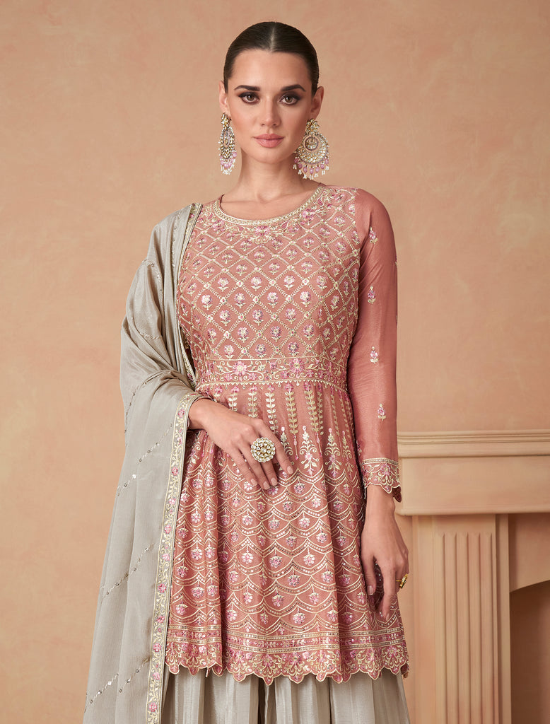 Peach & Taupe Designer Embroidered Silk Party Wear Sharara Suit-Saira's Boutique