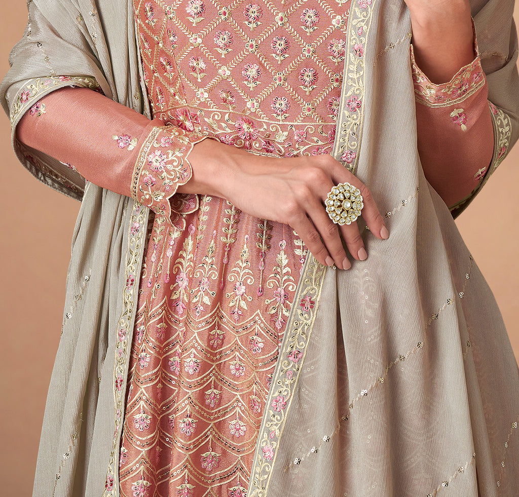 Peach & Taupe Designer Embroidered Silk Party Wear Sharara Suit-Saira's Boutique