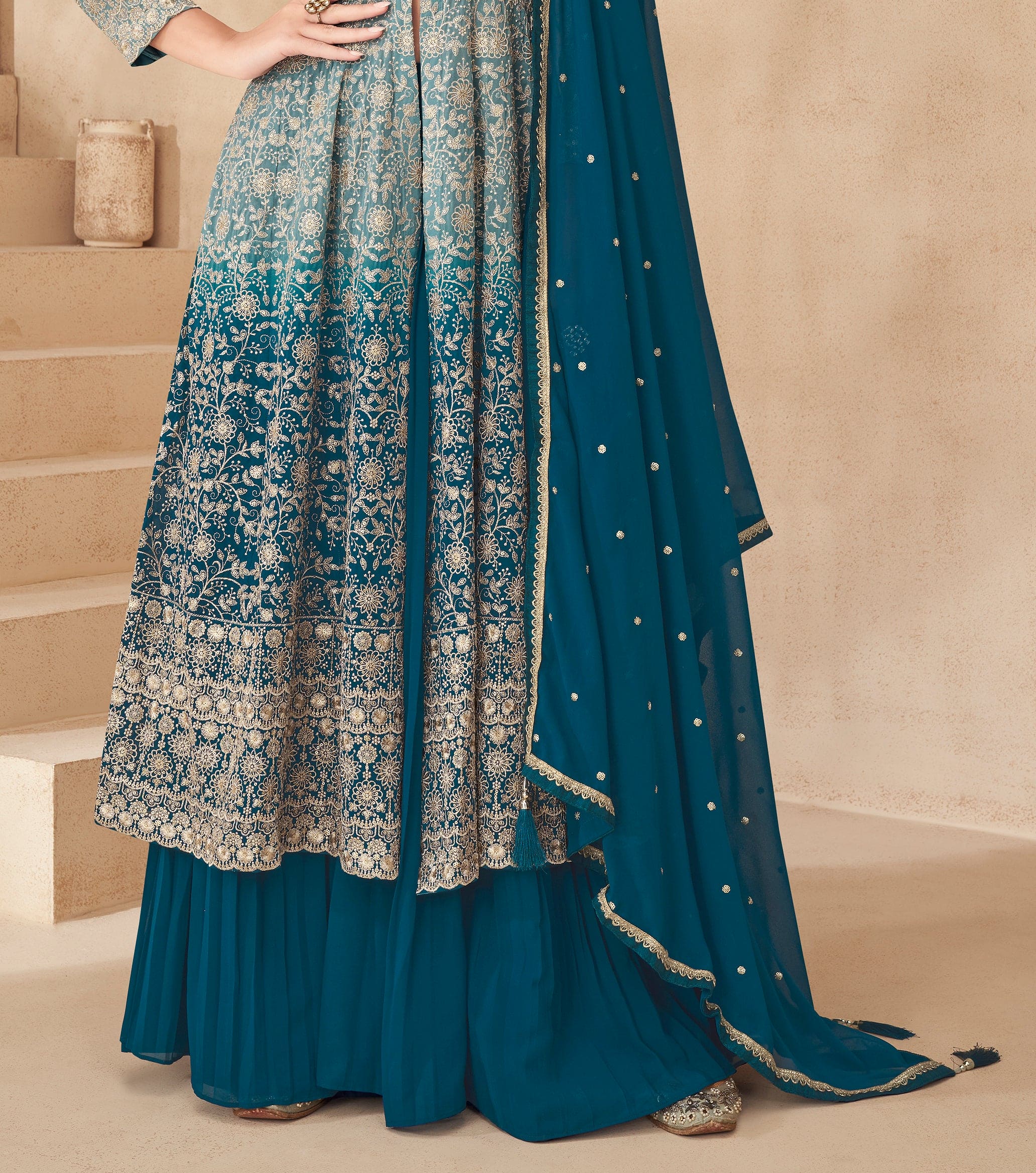 Tempting Peacock Blue Georgette Wedding Sharara Suit main image 1