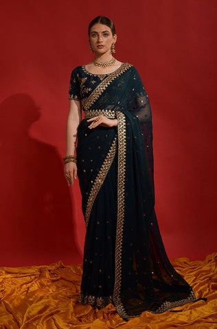 Shaded Olive & Green Designer Embroidered Silk Party Wear Saree