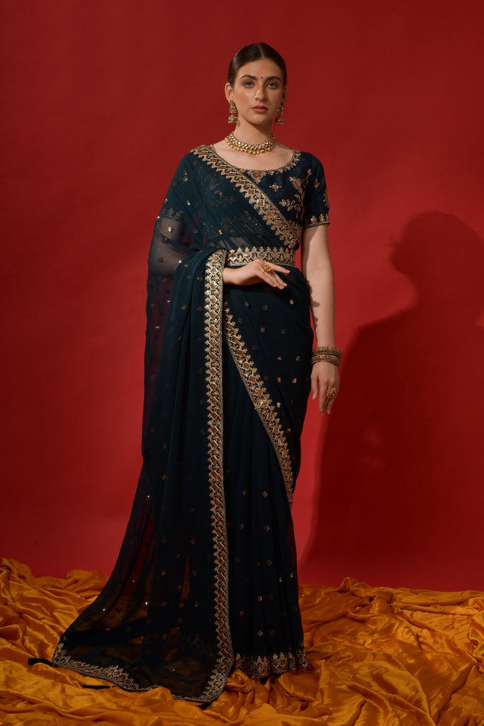 Peacock Green Designer Embroidered Georgette Wedding Saree-Saira's Boutique