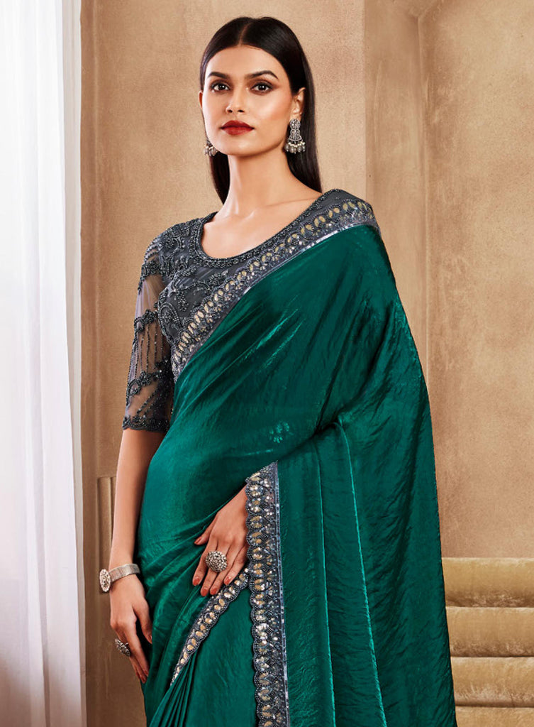 Peacock Green Designer Embroidered Silk Wedding Party Wear Saree-Saira's Boutique