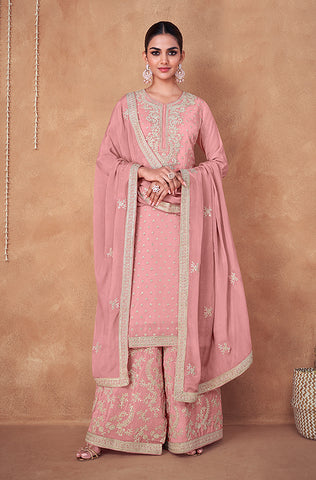 Maroon & Coral Pink Designer Heavy Embroidered Georgette Sharara Suit