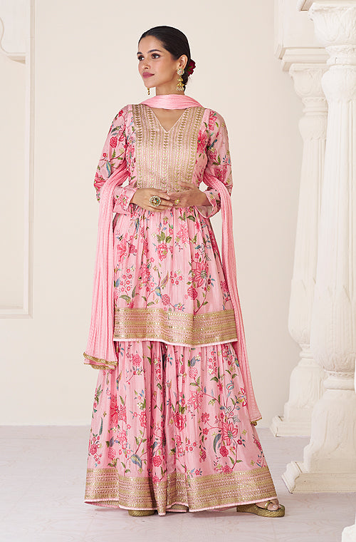 Shimmer Net Party Wear Sharara Suit In Pink Colour