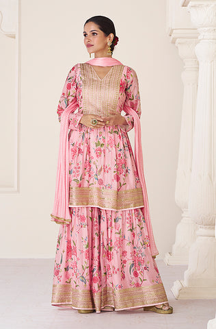 Pale Mustard Designer Embroidered Heavy Chinon Party Wear Sharara Suit