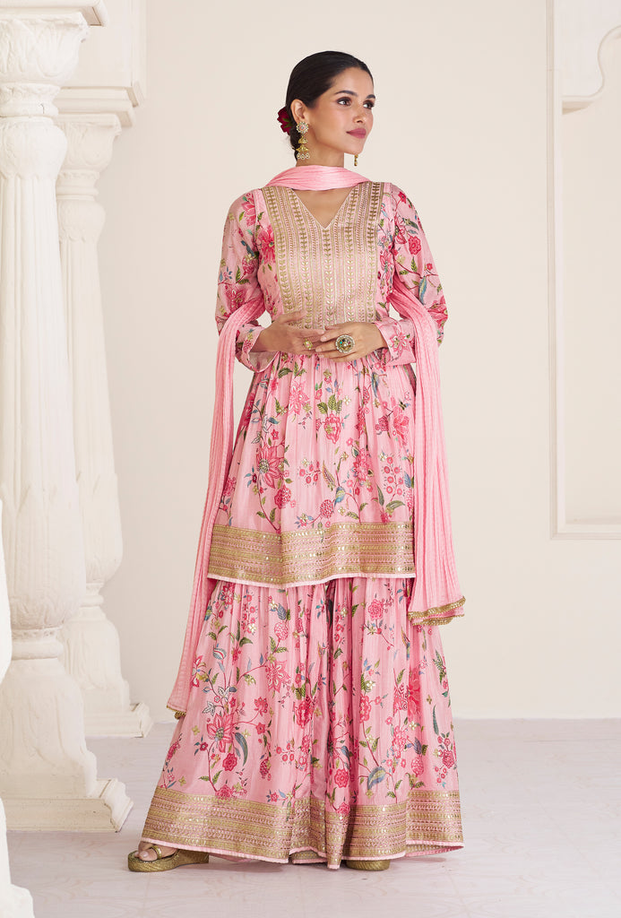 Pink Designer Embroidered Party Wear Sharara Suit-Saira's Boutique