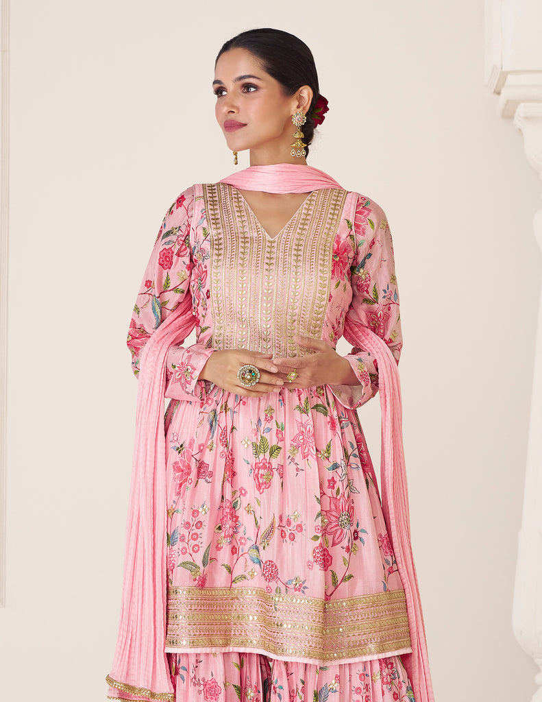 Rose Pink Velvet Embroidery Work Sharara Suit With Dupatta