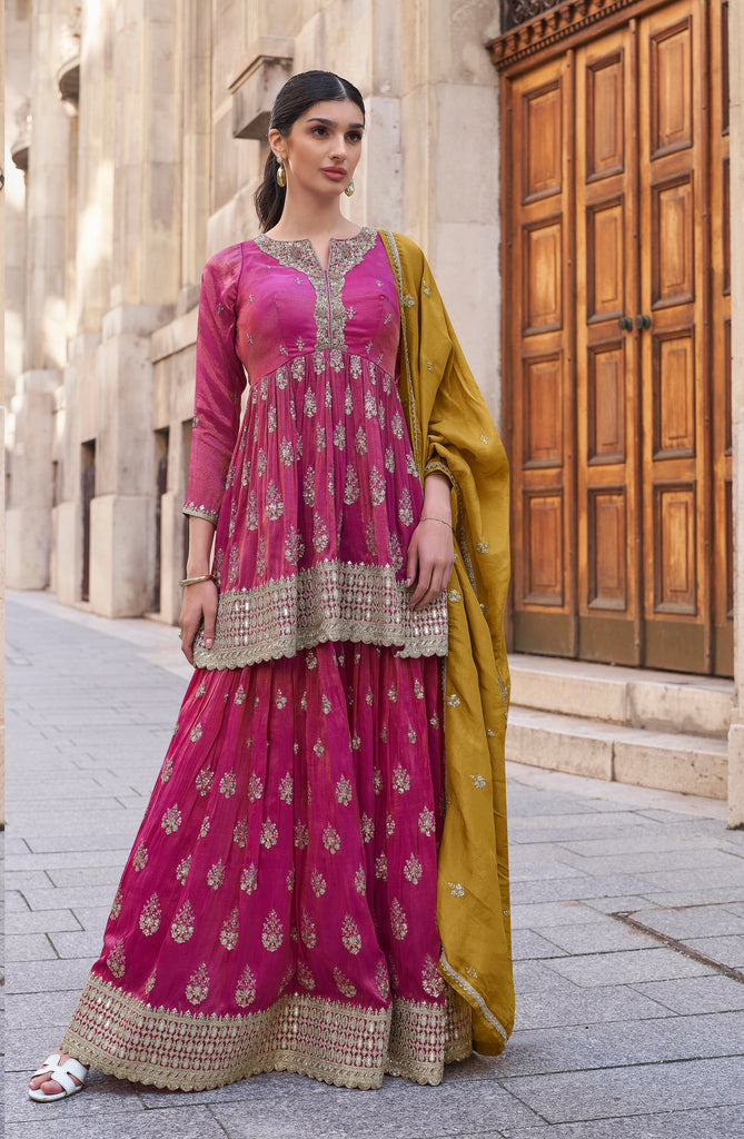 Pink & Mustard Designer Embroidered Party Wear Sharara Suit-Saira's Boutique