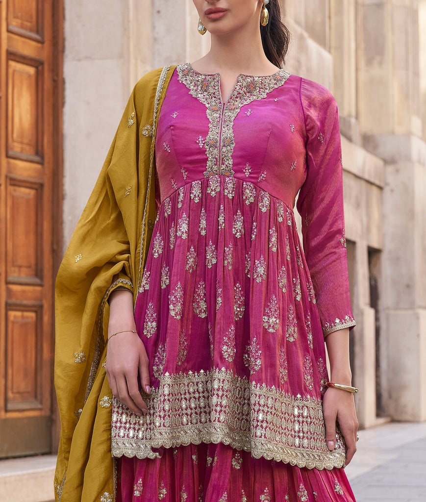 Pink & Mustard Designer Embroidered Party Wear Sharara Suit-Saira's Boutique