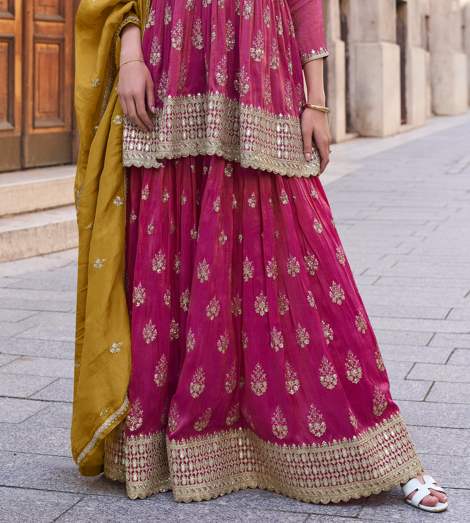 Pink & Mustard Designer Embroidered Party Wear Sharara Suit-Saira's Boutique