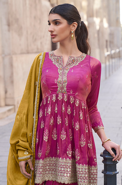 Pink & Mustard Designer Embroidered Party Wear Sharara Suit-Saira's Boutique
