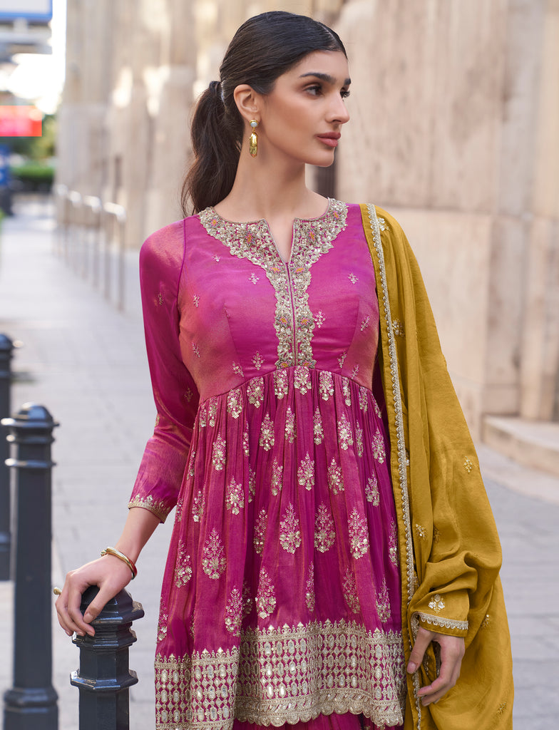 Pink & Mustard Designer Embroidered Party Wear Sharara Suit-Saira's Boutique