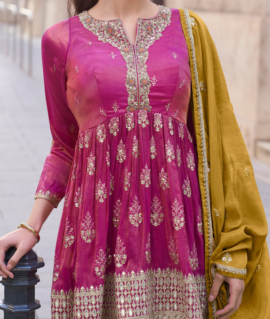 Pink & Mustard Designer Embroidered Party Wear Sharara Suit-Saira's Boutique