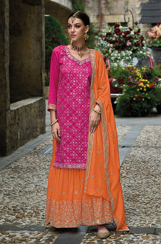 Pale Mustard Designer Embroidered Heavy Chinon Party Wear Sharara Suit