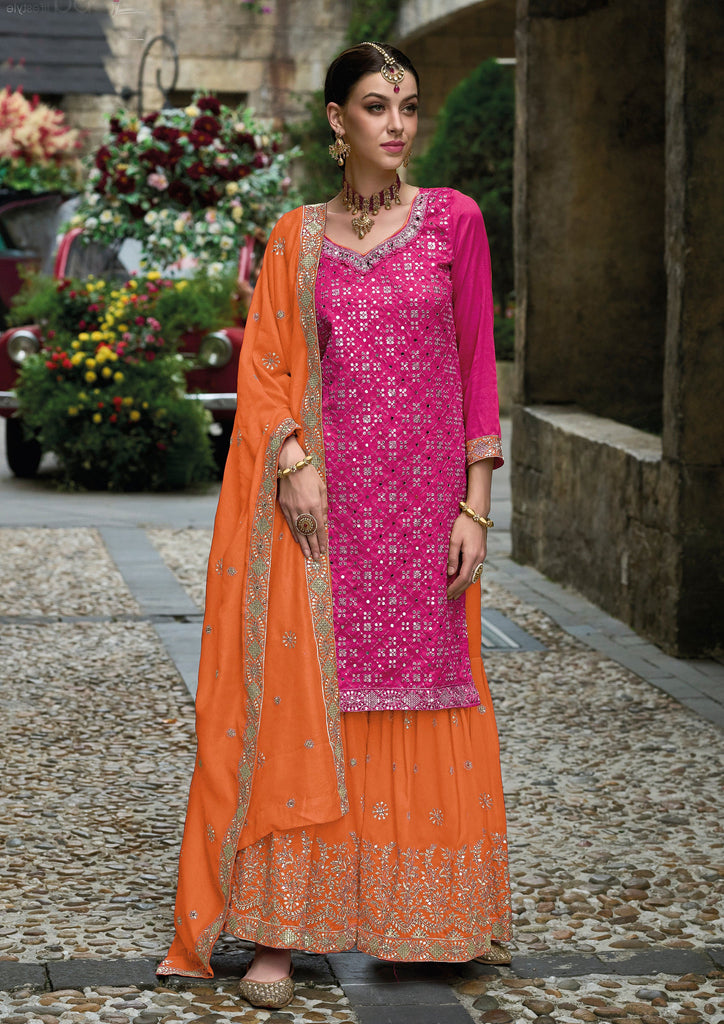 Pink & Orange Designer Embroidered Silk Wedding Sharara Suit-Saira's Boutique