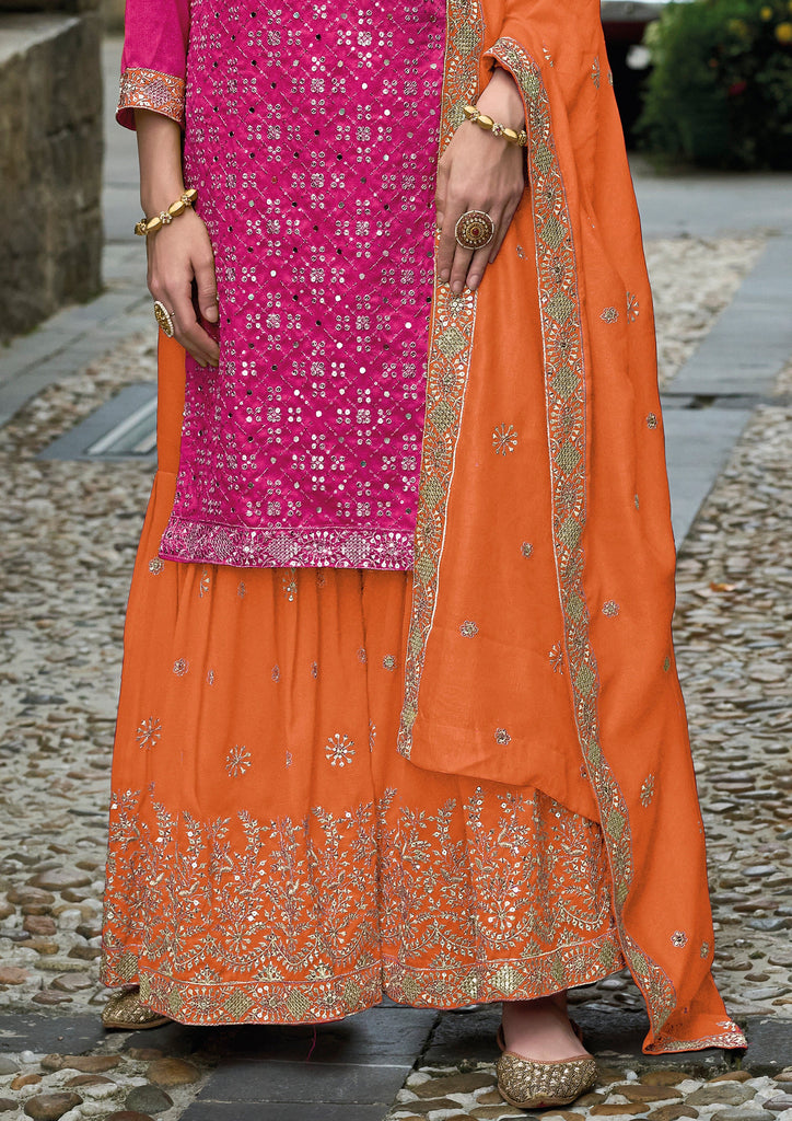 Pink & Orange Designer Embroidered Silk Wedding Sharara Suit-Saira's Boutique