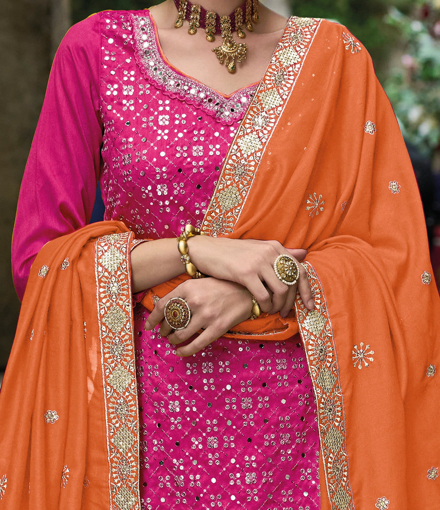 Pink & Orange Designer Embroidered Silk Wedding Sharara Suit-Saira's Boutique