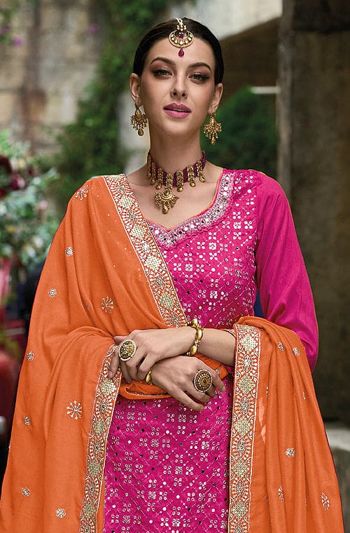 Pink & Orange Designer Embroidered Silk Wedding Sharara Suit-Saira's Boutique