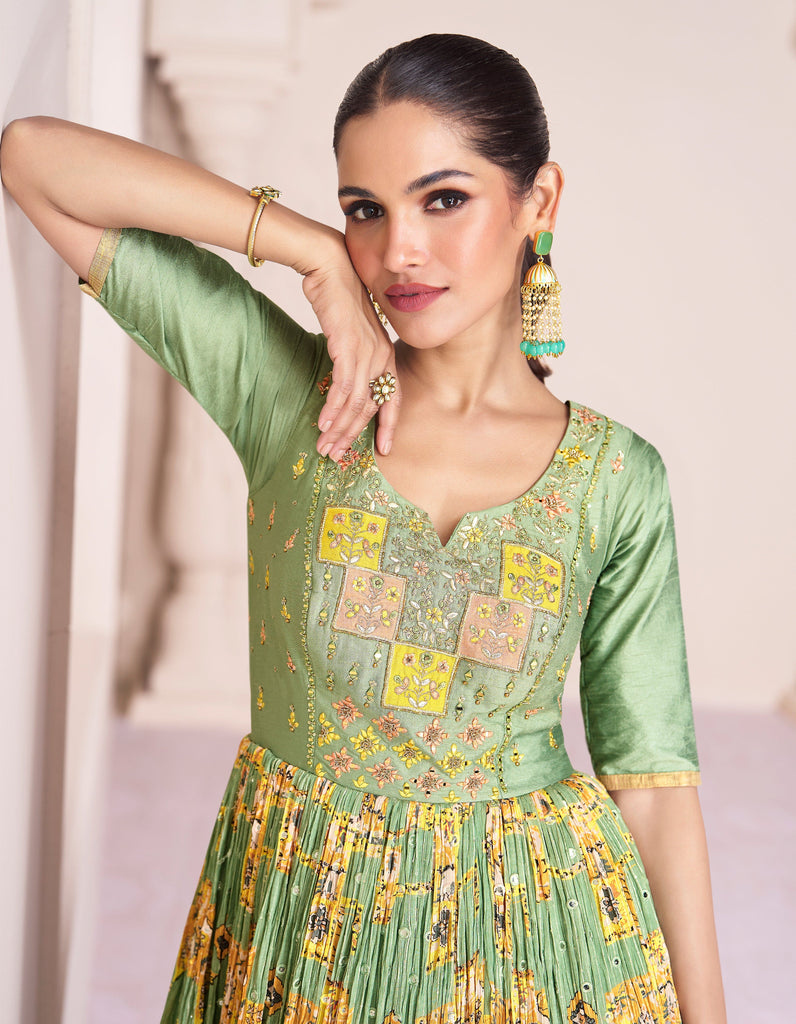 Pixie Green Designer Embroidered Georgette Chinon Silk Anarkali Gown-Saira's Boutique