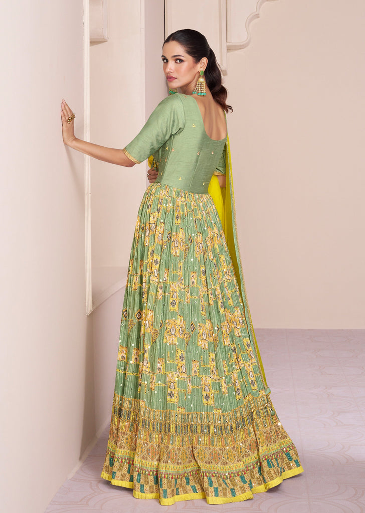 Pixie Green Designer Embroidered Georgette Chinon Silk Anarkali Gown-Saira's Boutique