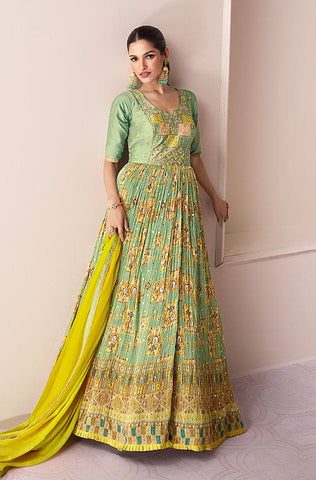 Dull Yellow Cream Designer Embroidered Party Wear Silk Anarkali Gown