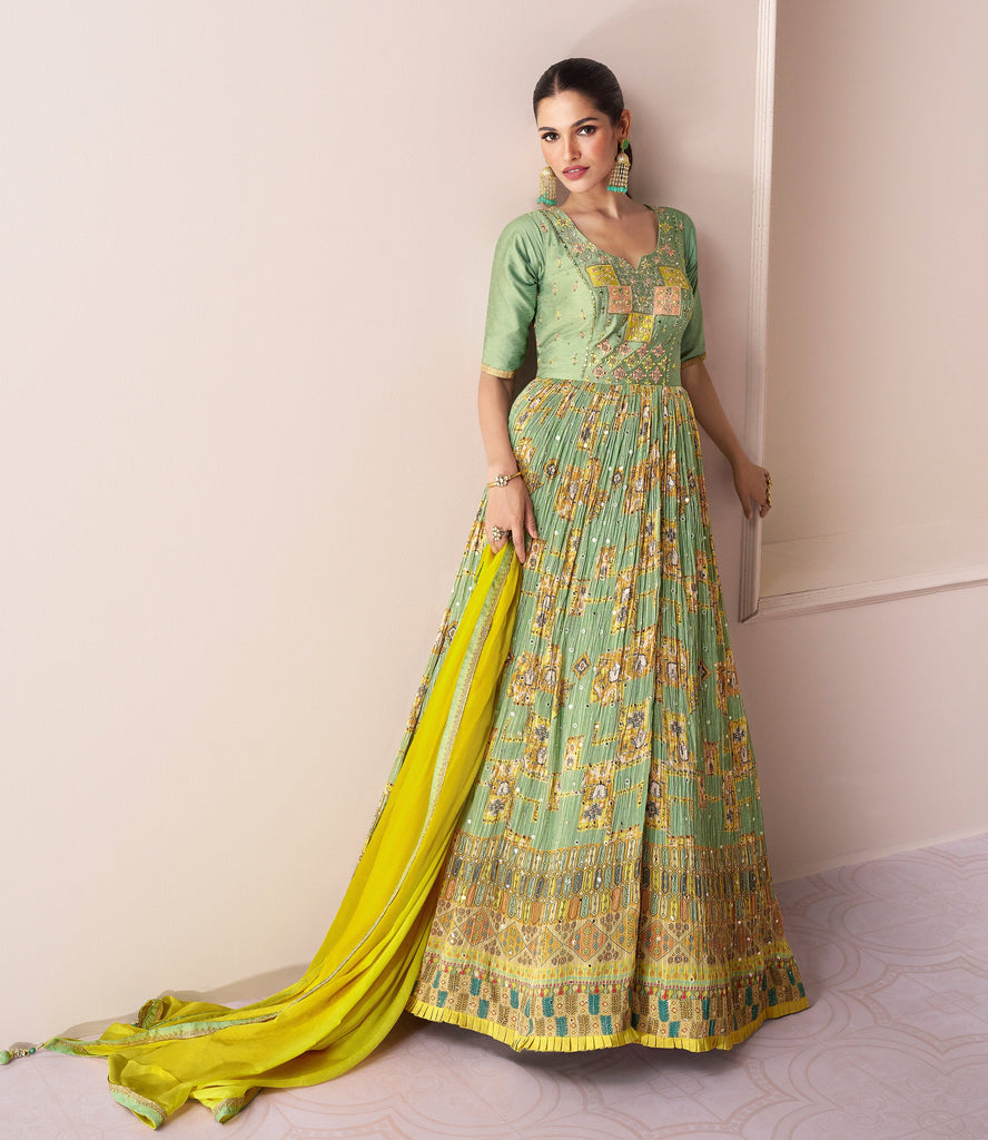 Pixie Green Designer Embroidered Georgette Chinon Silk Anarkali Gown-Saira's Boutique