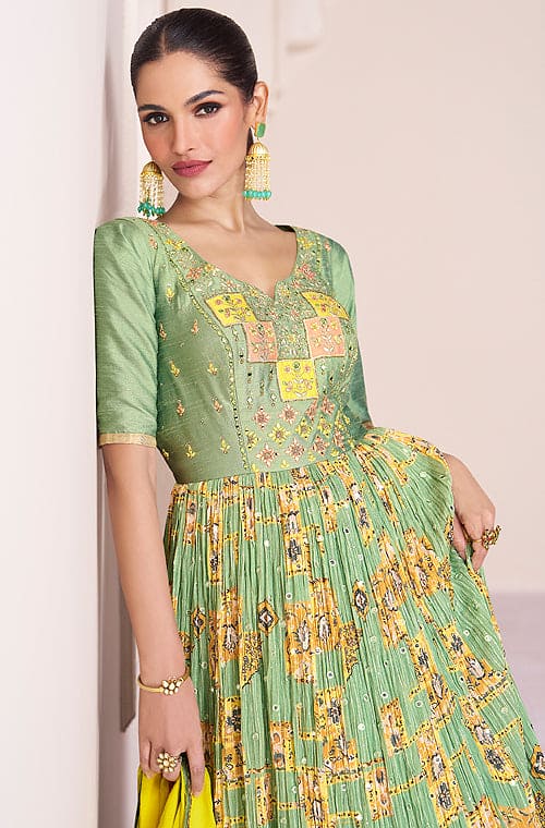 Pixie Green Designer Embroidered Georgette Chinon Silk Anarkali Gown-Saira's Boutique