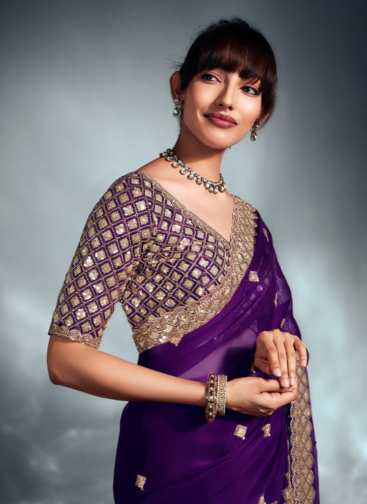 Purple Designer Embroidered Tissue Organza Wedding Party Wear Saree-Saira's Boutique