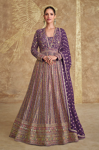 Mauve Designer Heavy Embroidered Net Wedding Lehenga