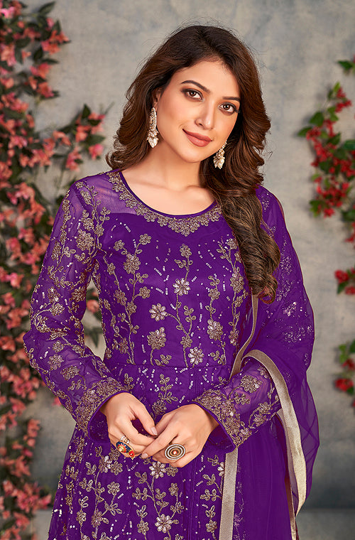 Purple Designer Heavy Embroidered Net Party Wear Anarkali Gown
