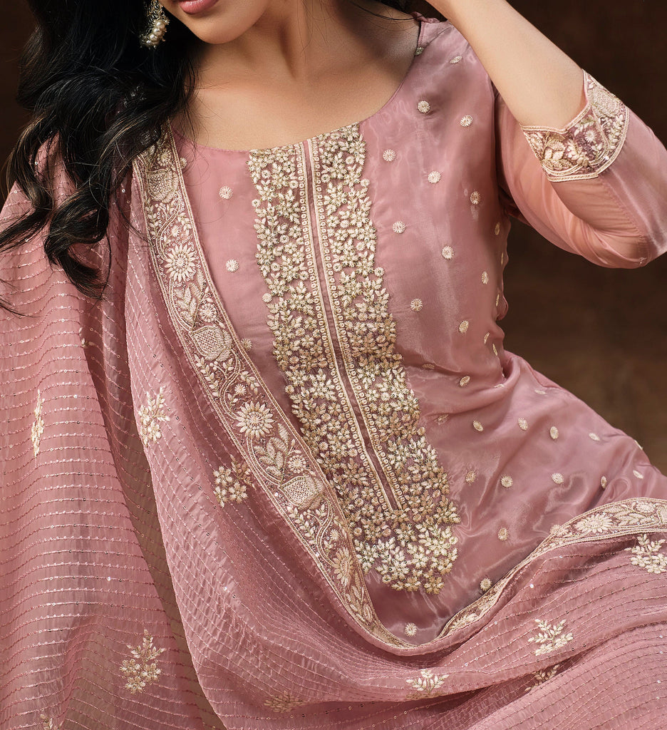 Rose Blush Embroidered Wedding Soft Organza Pant Suit-Saira's Boutique