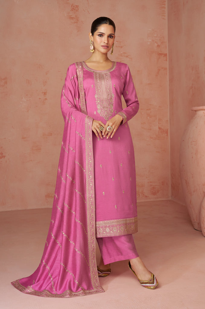 Rose Pink Designer Embroidered Silk Party Wear Palazzo Suit-Saira's Boutique