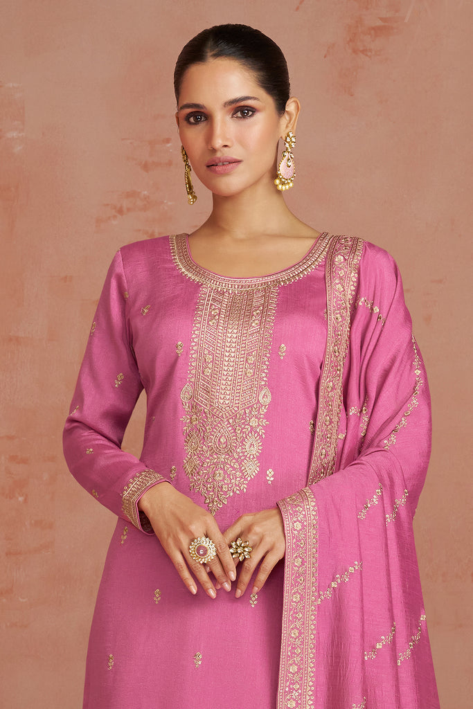 Rose Pink Designer Embroidered Silk Party Wear Palazzo Suit-Saira's Boutique